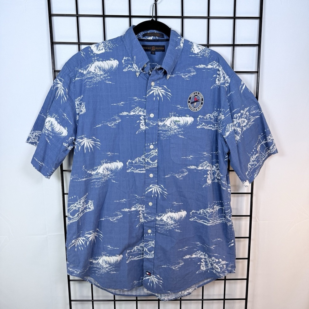 Vintage Tommy‎ Hilfiger S/S Button Down Shirt Mens M Blue Hawaiian 2002 US Open